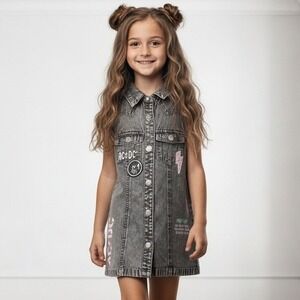 AC/DC Kids Acid Wash Denim Dress Sleeveless Button Front Gray Pink 3T PLAD506